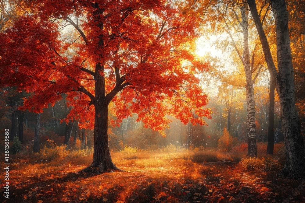 A majestic oak tree ablaze with vibrant autumn foliage dominates a sun-dappled forest scene. A majestic oak tree ablaze with vibrant autumn foliage dominates a sun-dappled forest scene.