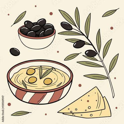 A Mediterranean diet vector featuring olives and hummus