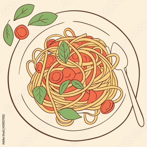 A plate of spaghetti with tomato sauce and basil