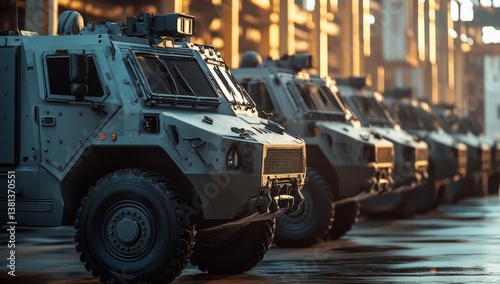 Military vehicles lined up in a factory setting.  Rows of armored troop carriers in a warehouse
