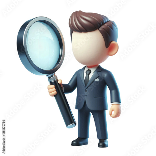 3d businessman holding magnifying glass isolated on white background