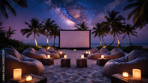 Fototapeta Naklejka Na Ścianę i Meble -  Movie night on starry island beach. A beautifully tranquil and peaceful scenic view featuring an outdoor cinema beneath the Milky Way with palm trees and gentle candlelight.