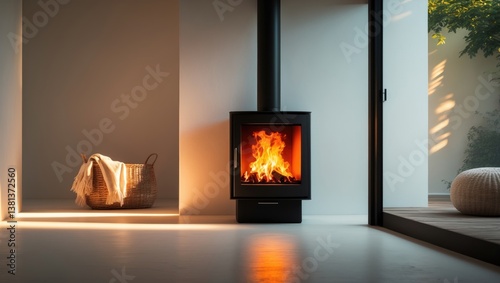 Modern black stove featuring burning flames and a pellet bag in a cozy living room.