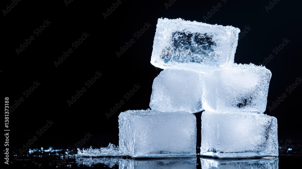 Translucent ice cubes are arranged neatly on a reflective surface, set against a dark background, showcasing their crystalline structure and gleaming surfaces. Translucent ice cubes are arranged neatly on a reflective surface, set against a dark background, showcasing their crystalline structure and gleaming surfaces.