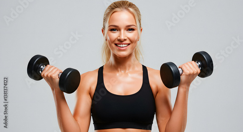 Blonde woman holding dumbbells.