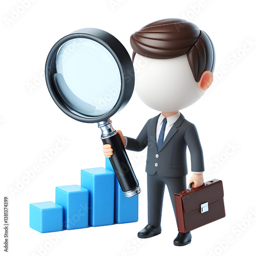 3d businessman holding magnifying glass isolated on white background