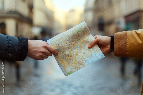 Obraz na płótnie Two people in jackets are holding a map in a blurred urban setting. Concept of travel and navigation. For travel-themed content. w salonie