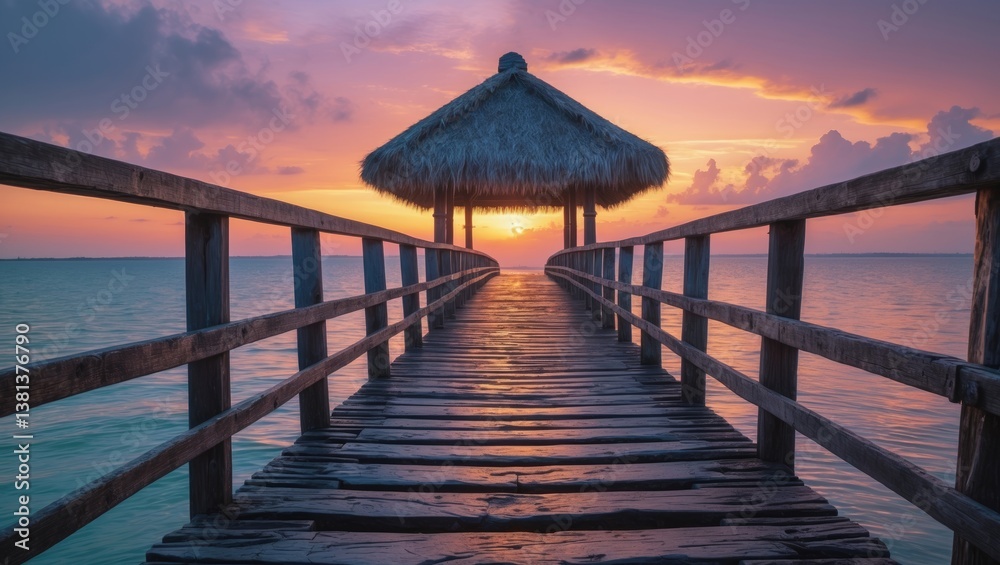 Old wooden bridge pier against stunning sunset sky used for natural background, backdrop, and versatile sea scene. Old wooden bridge pier against stunning sunset sky used for natural background, backdrop, and versatile sea scene.