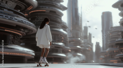 Young woman skateboarding in a futuristic urban environment