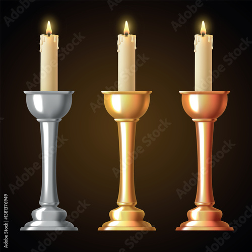 Candlestick for one candle. Gold, silver and bronze candlesticks. Vector 3D clipart.