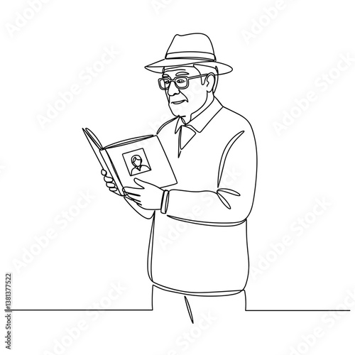 Older man reminiscing while reading a photo album  
