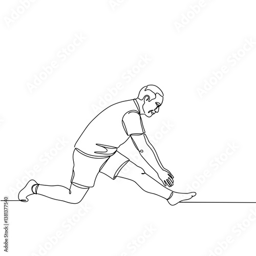 Elderly man stretching legs in a line drawing on a white background  