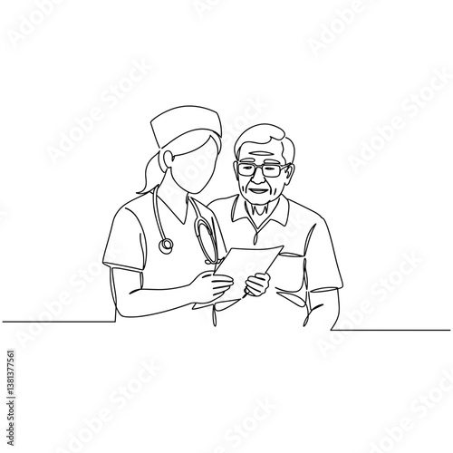 Home care nurse with elderly man discussing care plans in line art  
