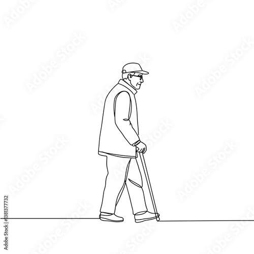 Elderly man walking home alone caned in line drawing style  