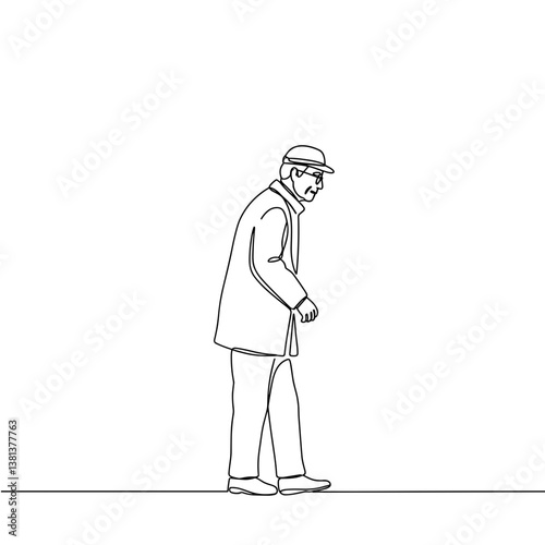 Elderly man walking home alone in line drawing style  