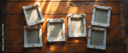 Old pictures displayed on a wooden table.