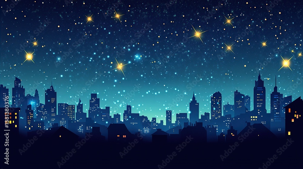 Fototapeta premium Nighttime Skyline with Glittering Lights and Stars Above