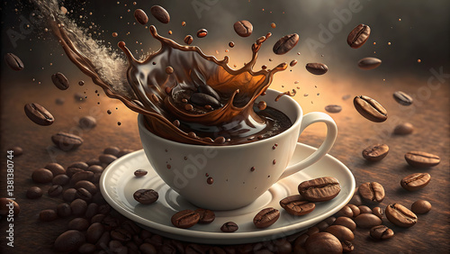 Exploding Coffee Splash in White Cup with Dark Roasted Beans Flying in Air on Moody Background