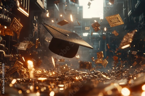 A graduation cap floats amidst a cascade of shimmering gold coins and scattered books in a library