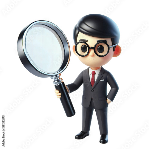 3d businessman holding magnifying glass isolated on white background