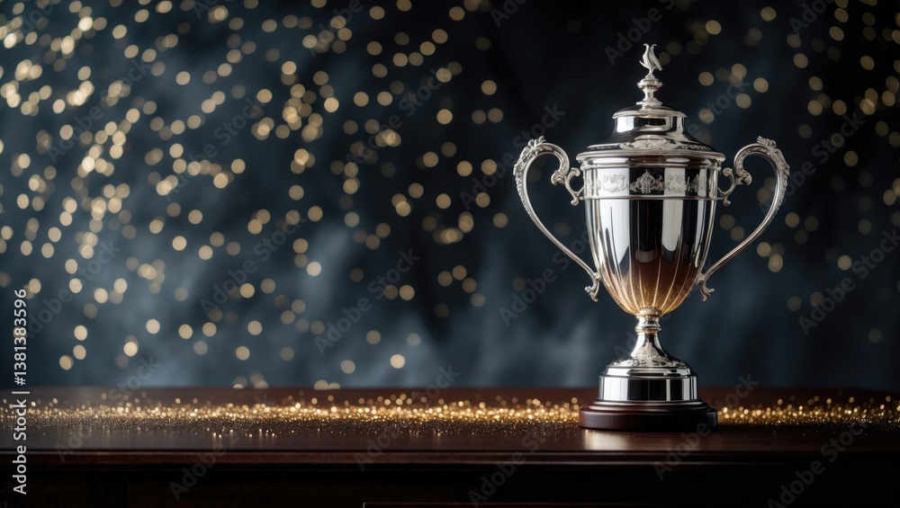 Low-light image of a trophy on a wooden table with a dark background featuring a glitter overlay.