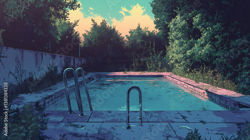 Abandoned pool with overgrown overpass. Wistful Decay. Illustration photo