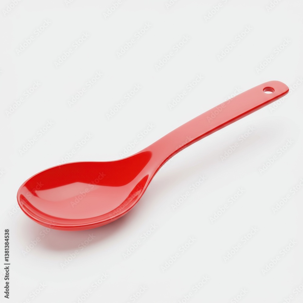 A single red plastic spoon is displayed on a white surface with a hole at the end of the handle A single red plastic spoon is displayed on a white surface with a hole at the end of the handle