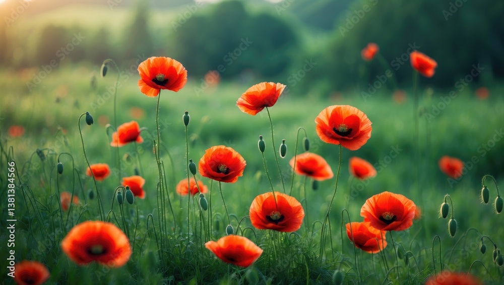 Fototapeta premium A vibrant field abundant with red poppies extends infinitely, their eye-catching petals swaying in the sunlight, forming a vivid, scenic display of natural beauty and tranquility.