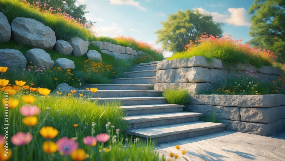Fototapeta premium Luxury landscaping featuring a natural stone retaining wall and coping, with broad steps and a landing.