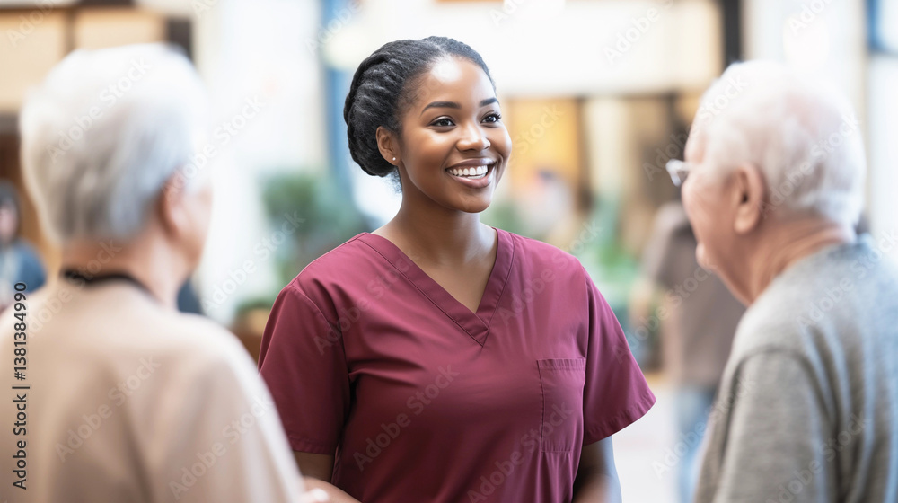Obraz premium Fachkräftemangel in der Pflege - Afrikanische Krankenschwester spricht mit Senioren im Altenheim