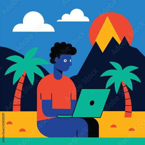 Digital Nomad Working by the Tropical Shore illustration