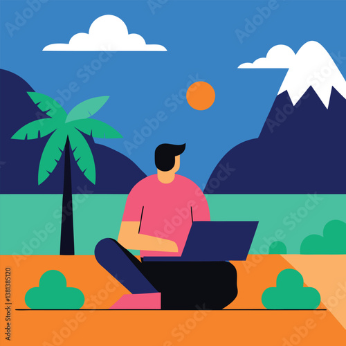 Digital Nomad Working by the Tropical Shore illustration