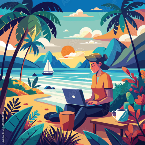 Digital Nomad Working by the Tropical Shore illustration