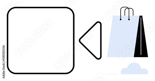 Video camera icon next to shopping bag represents online streaming and e-commerce. Ideal for technology, retail, content creation, digital marketing, virtual shopping, commerce, education, flat