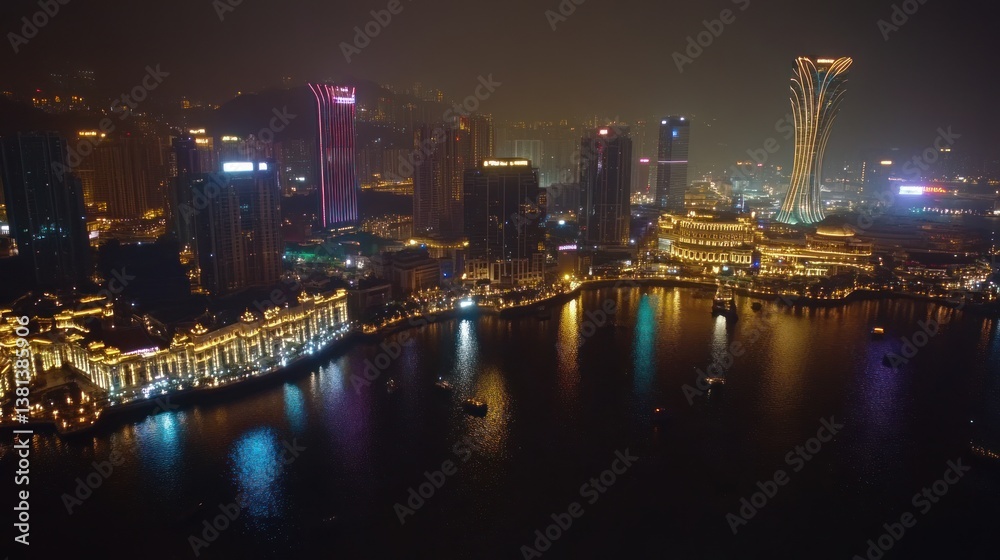 Fototapeta premium Night cityscape, illuminated skyscrapers, waterfront, hazy atmosphere