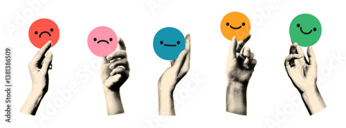 Trendy halftone collage elements set. Hands holding emoji, positive and negative feedback, customer review concept. Paper clipping shapes, cut out modern retro vector illustration on transparent