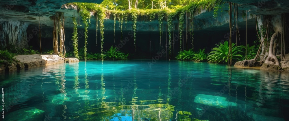 Beautiful cenote featuring clear waters and suspended roots.