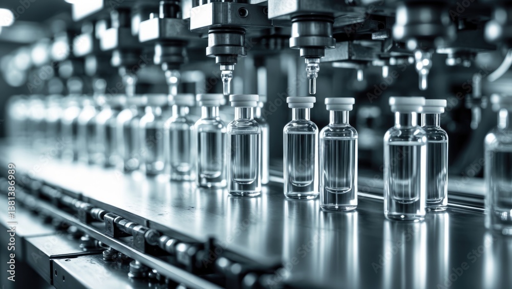 Macro Image of Pharmaceutical Ampoule Production Line at Factory. Glass Ampoules are Being Filled. Process of Medication Manufacturing.