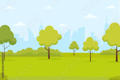 Lush green park with trees and skyscrapers in the background during a sunny day