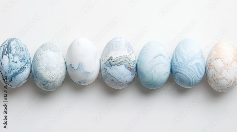 Elegant soft blue and gray Easter eggs with marble patterns enhance serene spring decor. marble Easter eggs, 