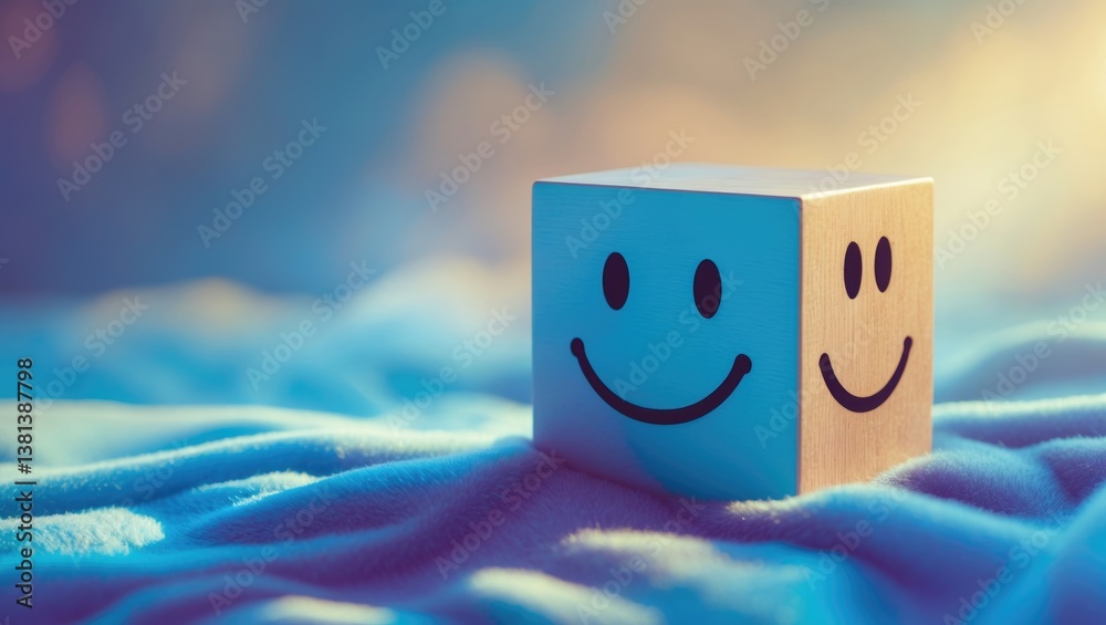 Mental health and emotional state theme, happy face on the bright side and unhappy face on the dark side of a wooden cube for positive mindset choice.