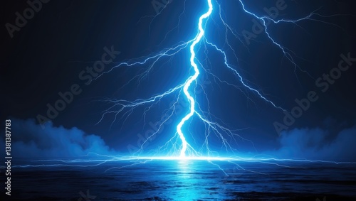 Massive lightning strike with branches set against a black backdrop.