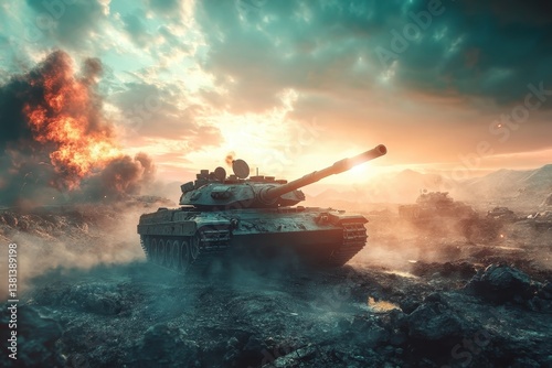 Fantasy landscape with a battle tank 3D render illustration Modern artillery and antiaircraft guns on a battlefield . photo