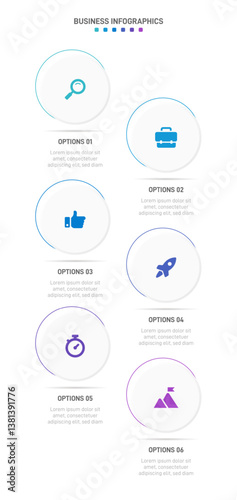 Vertical progress bar featuring 6 arrow-shaped elements, symbolizing the six stages of business strategy and progression. Clean timeline infographic design template. Vector for mobile presentation.