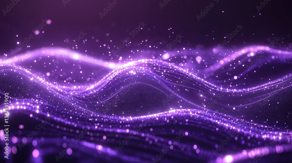 Fototapeta premium Abstract purple digital background with glowing waves and particles of light, creating a fluid and dynamic representation of AI technology