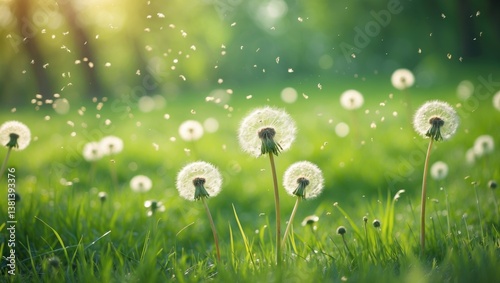 Dandelion meadow featuring rising blowballs in the air, depicting a fresh green nature scene related to pollination with a blurred background.