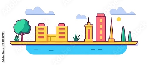 Simple illustration depicting buildings trees water and clouds in the day