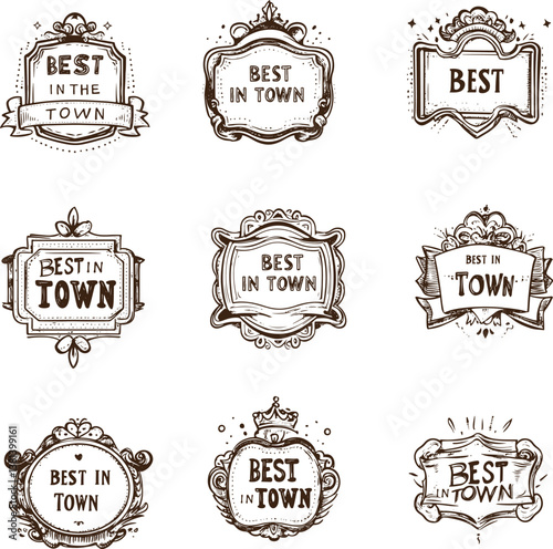 set of doodled sketch rubber stamps that say Best in town