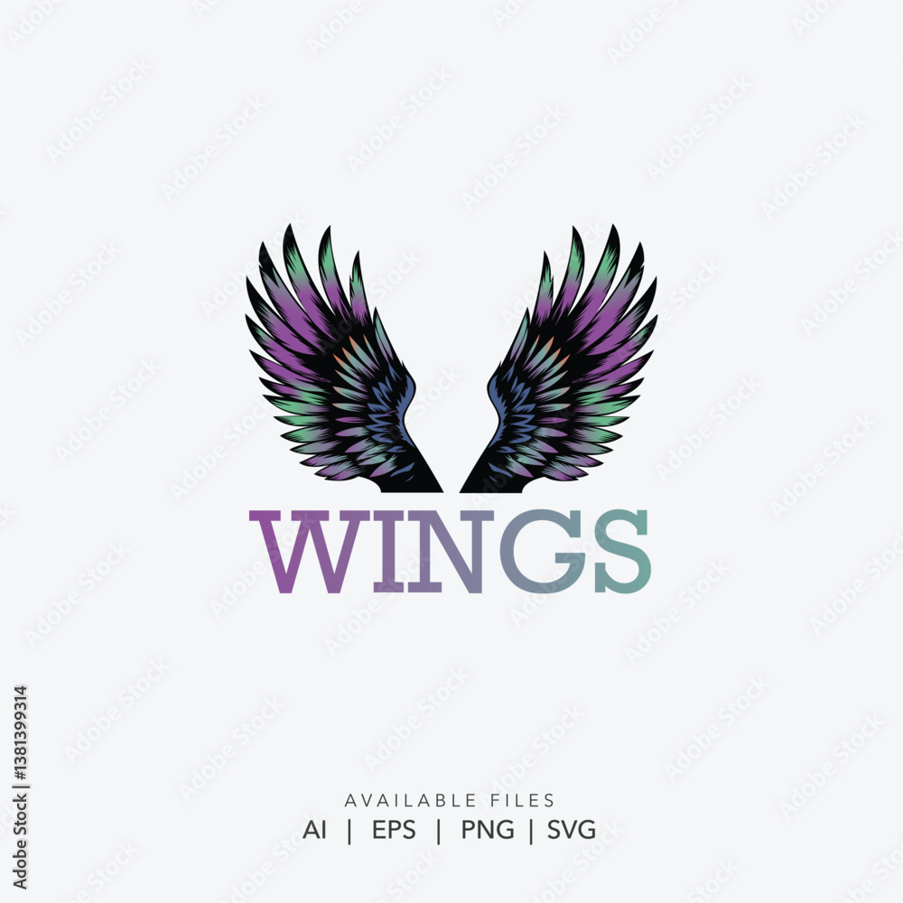 Obraz premium Colorful Purple and Green Wings Logo, Modern Vibrant Wings Vector Illustration