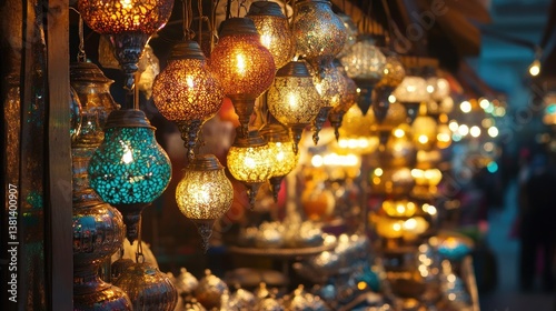 A vibrant stall in an Eid market filled with crescent-shaped string lights